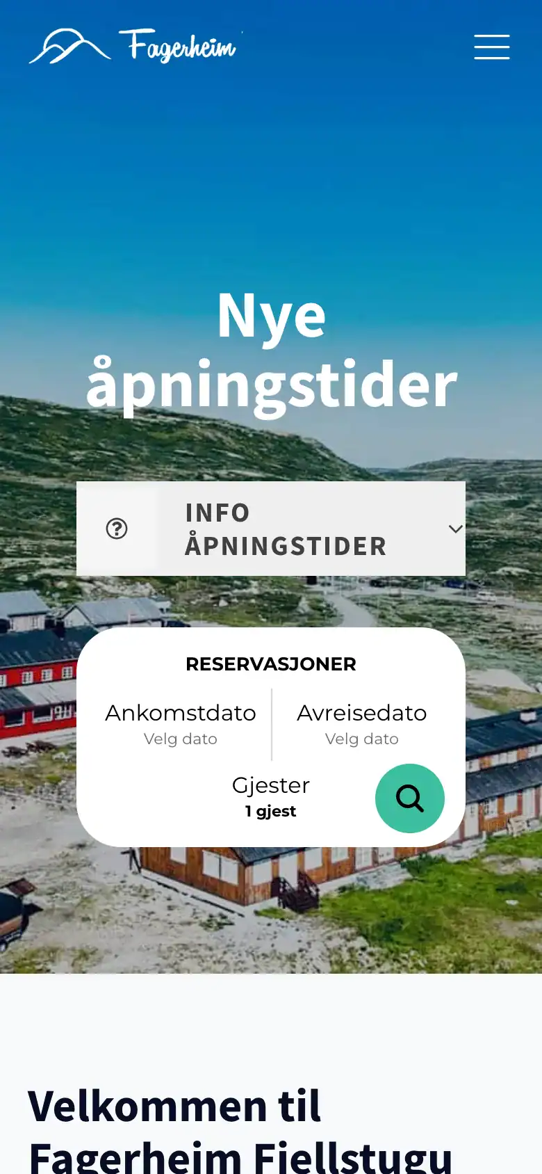 Forsiden til Fagerheim Fjellstugu med reservasjonsfelt på mobil