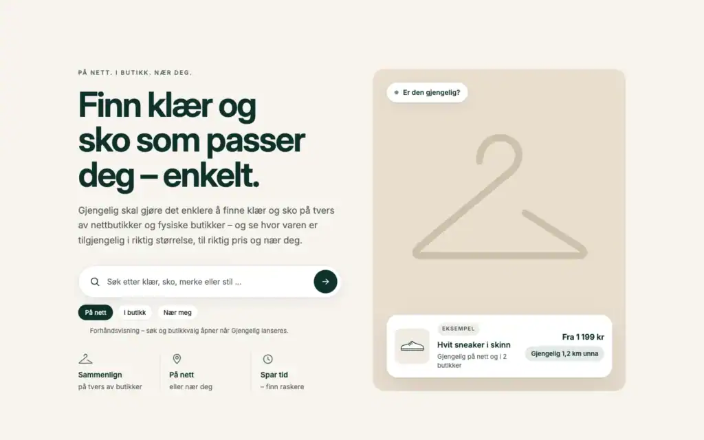 Forsiden til Gjengelig med søkefelt for klær og sko