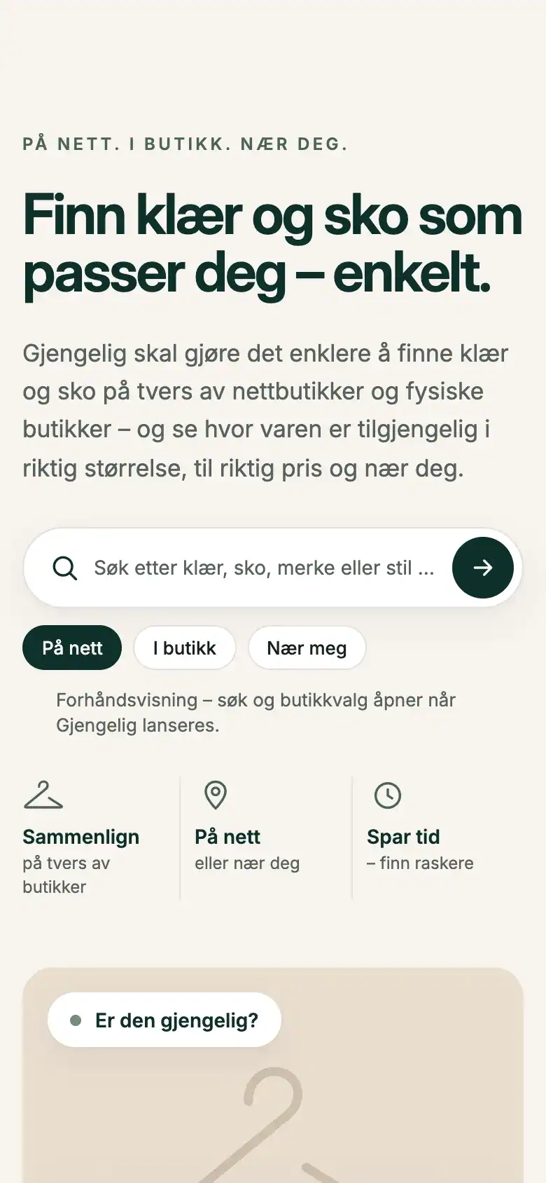 Forsiden til Gjengelig med søkefelt for klær og sko på mobil