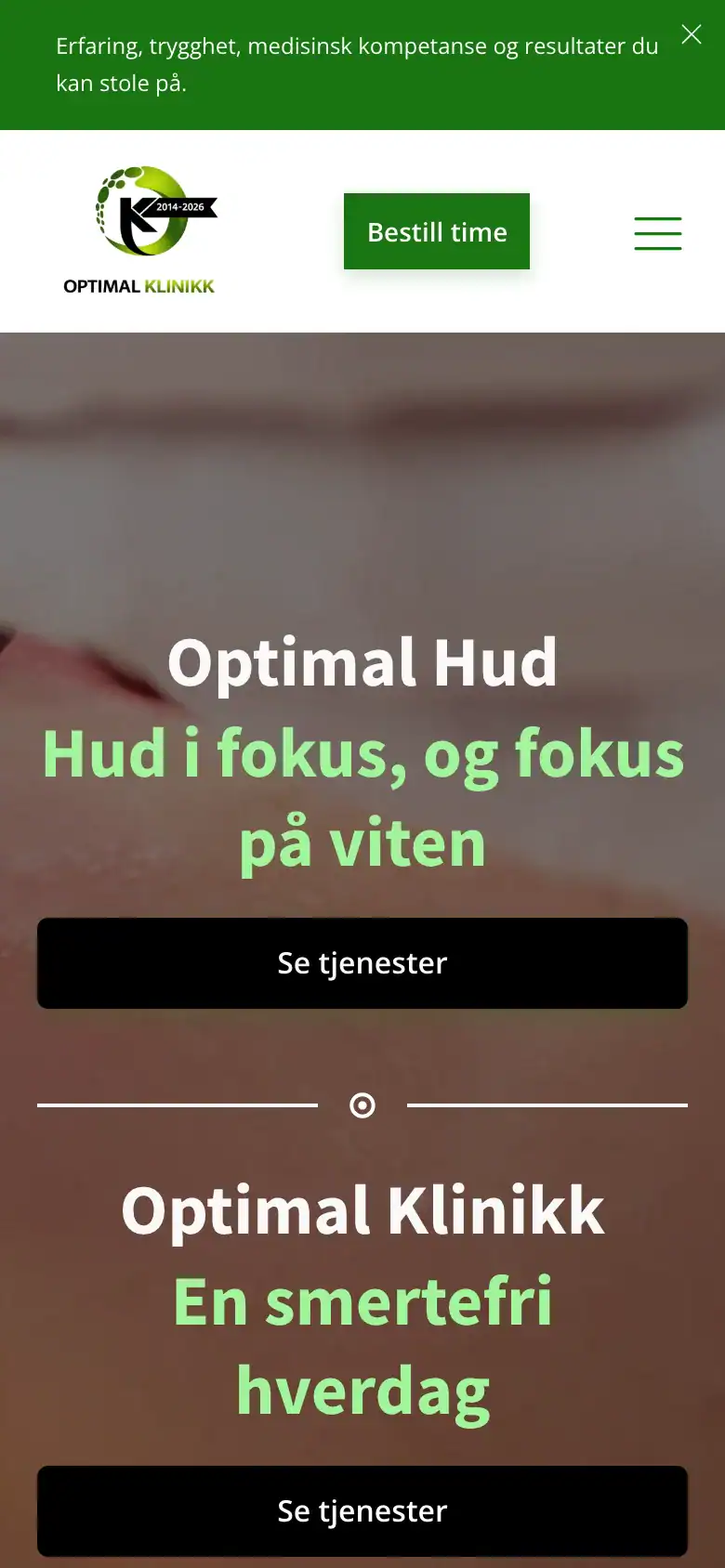 Forsiden til Optimal Klinikk på mobil