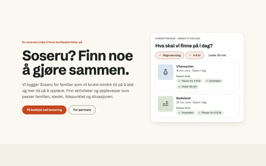 Forsiden til Soseru med konseptskisse av aktivitetsforslag for familier