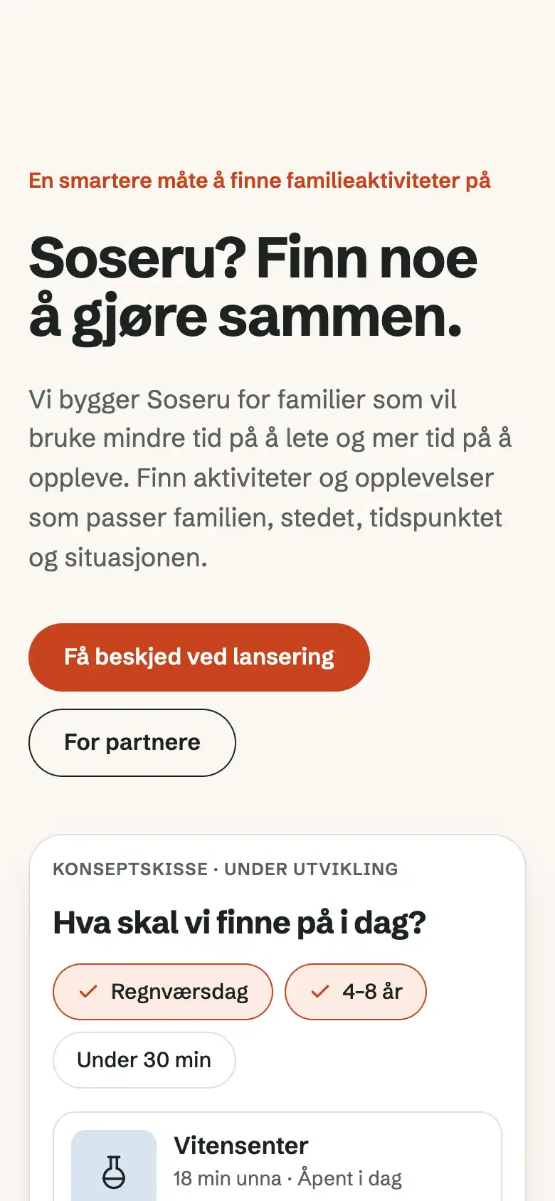 Forsiden til Soseru med konseptskisse av aktivitetsforslag for familier på mobil