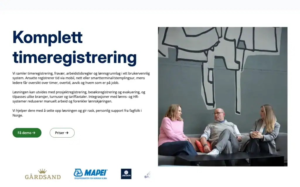 Nettstedet til Time Recorder med presentasjon av Astrow timeregistrering