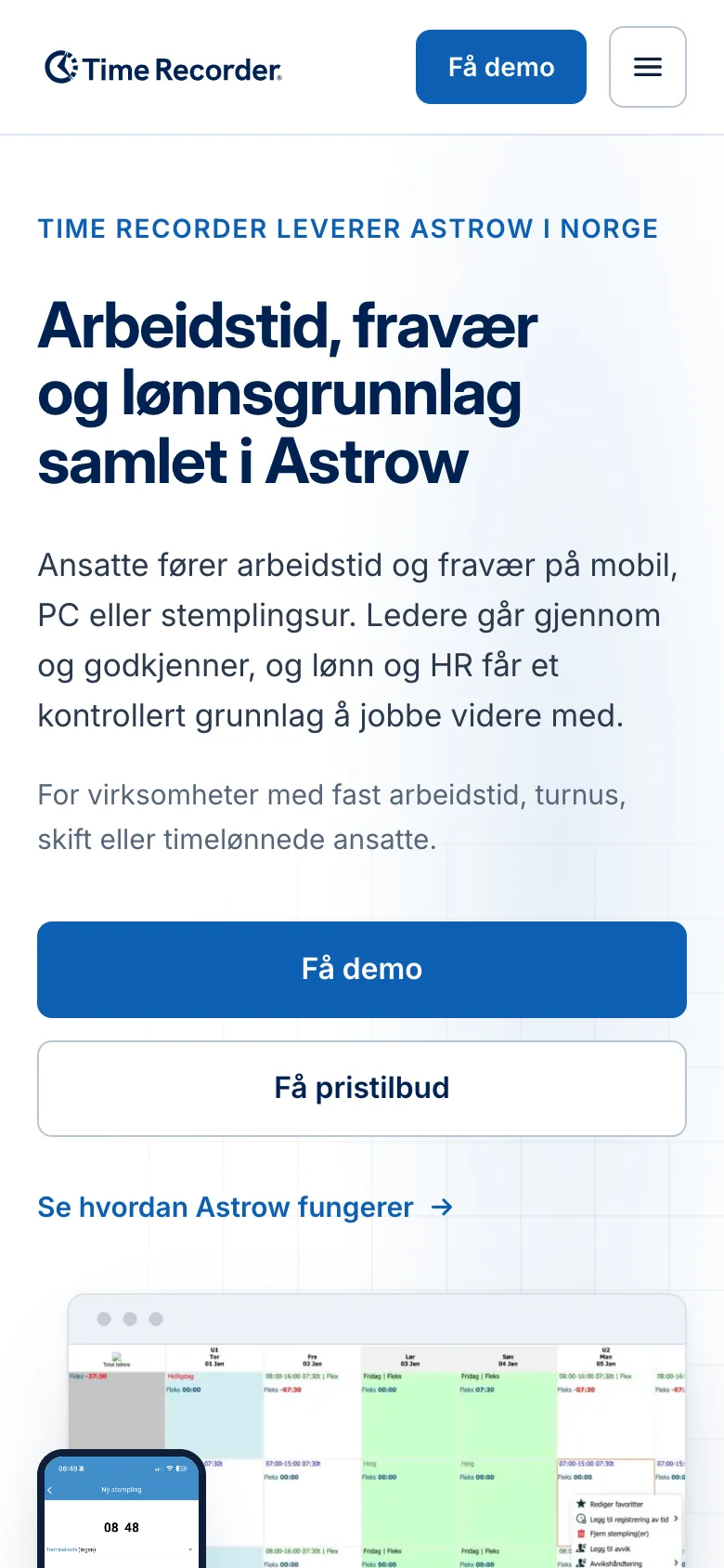 Astrow-nettstedet til Time Recorder på mobil