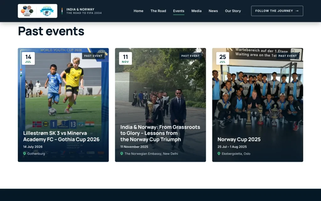 Oversikt over tidligere arrangementer, blant annet Norway Cup 2025 og Gothia Cup 2026