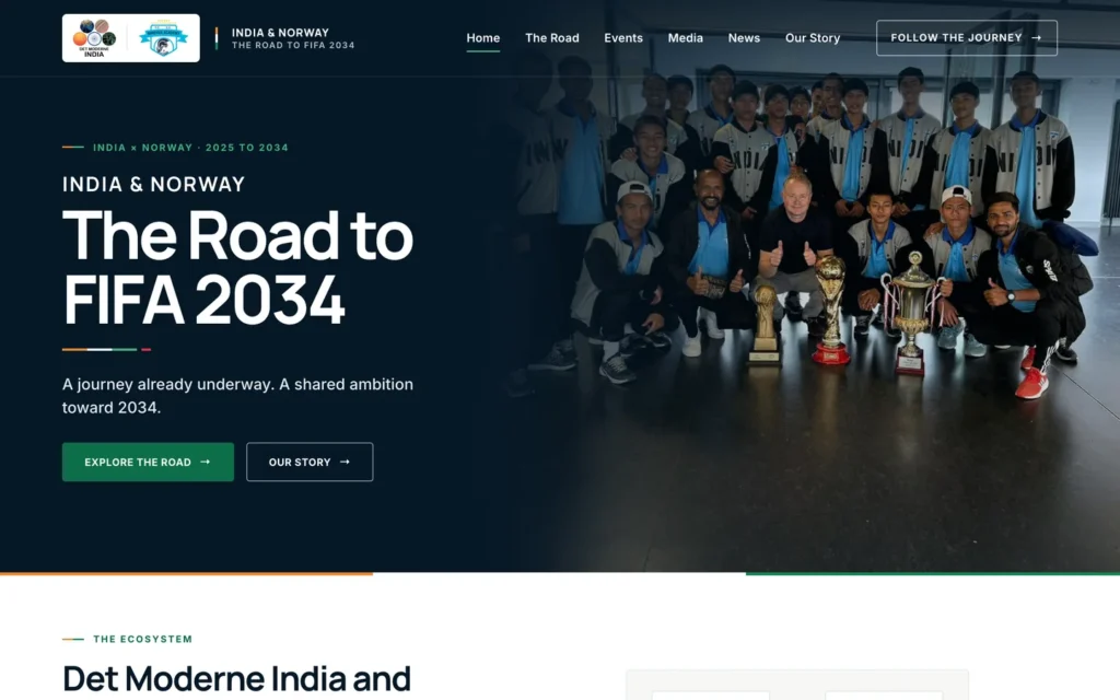 Forsiden til Road to FIFA 2034 med lagbilde fra Norway Cup