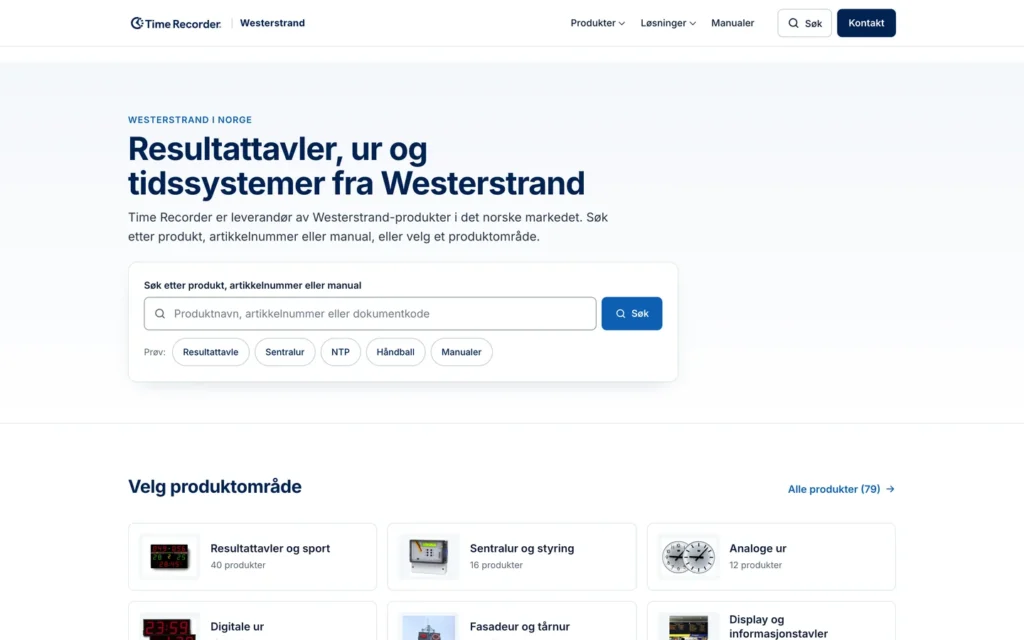 Forsiden til Westerstrand med produktsøk og produktområder